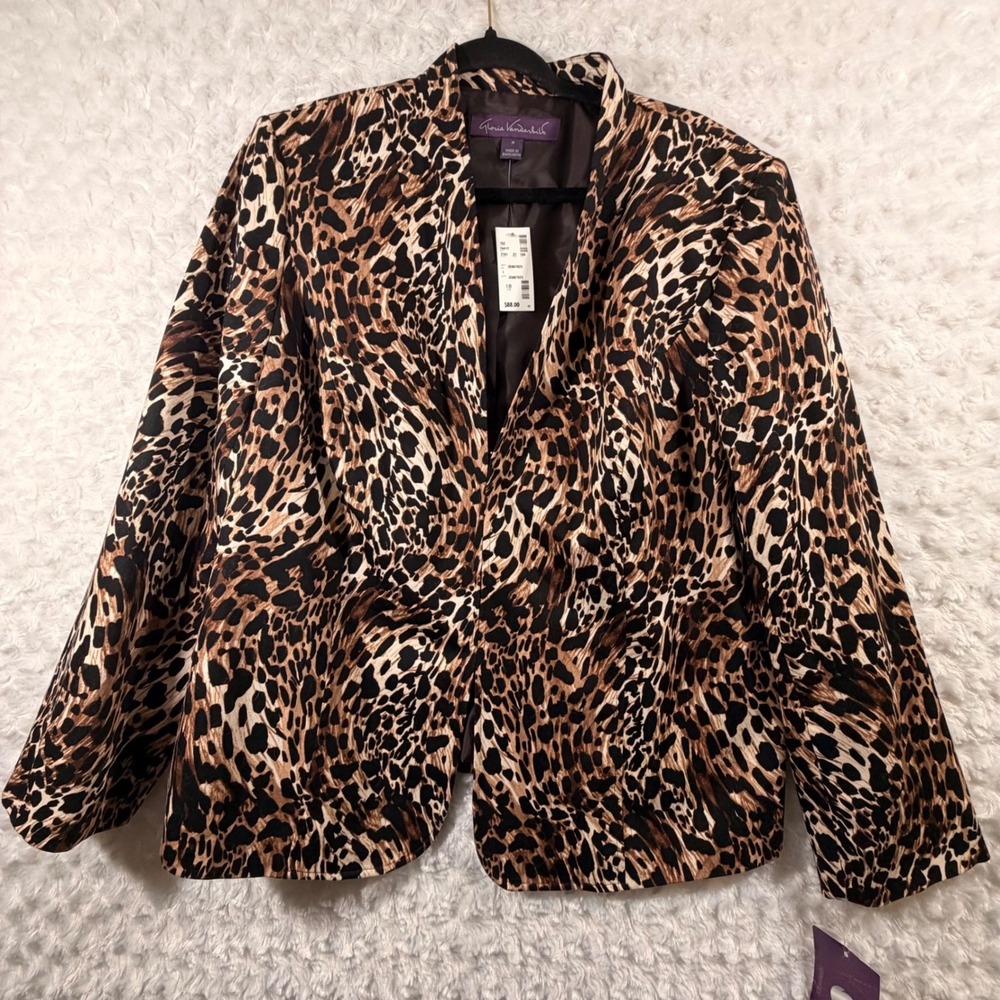 Gloria Vanderbilt Women 18 Leopard Print Jacket Brown Animal Print Blazer NWT